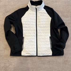 Eddie Bauer Womens Puffer Jacket Black White Quilted Full Zip Size 2XL